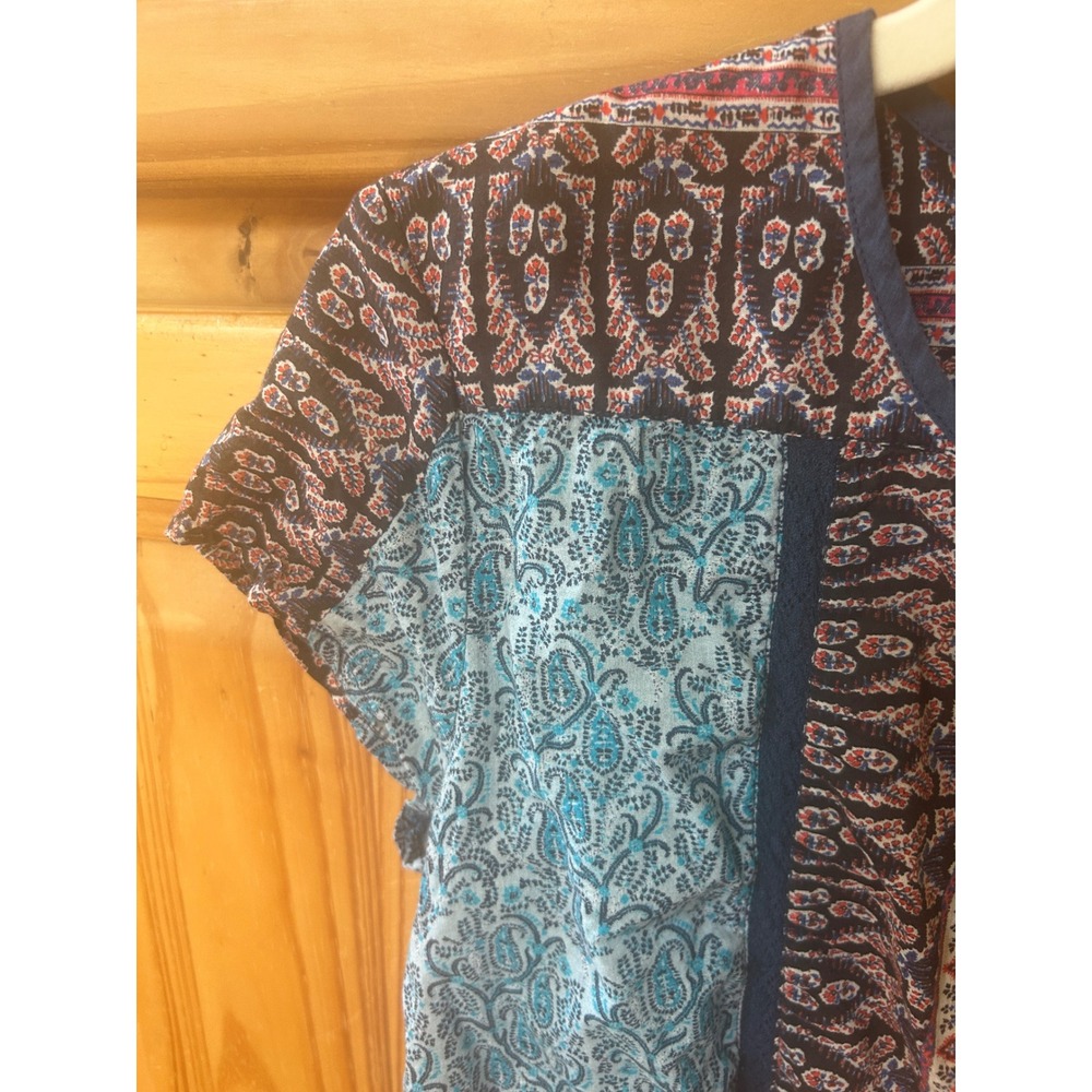 Sundance Patchwork Paisley Cotton Henley Top Blue Orange Boho Cap Sleeve - Picture 4 of 7
